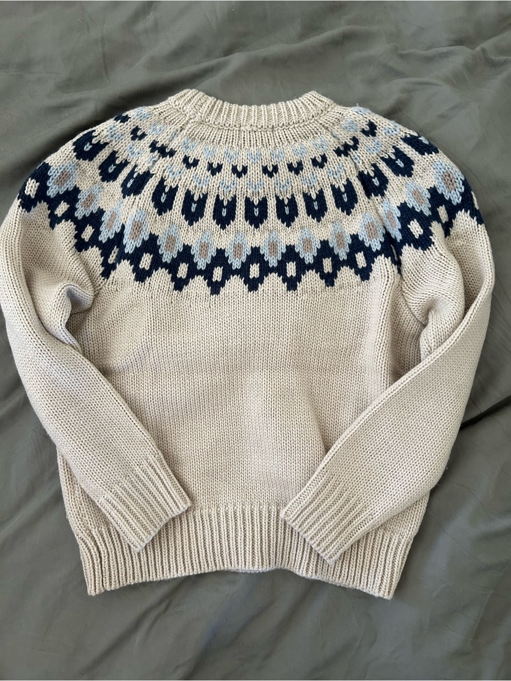 APRICOT Cream Crewneck Sweater with Navy and Light Blue Fair Isle Yoke